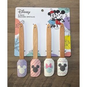 Disney Mickey Minnie Mouse 4 Pack Silicone Spatulas Wooden Handle
